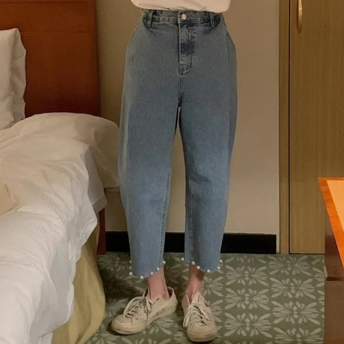 

Fashionable Korean Style Pearl Design Jeans Trousers Summer New Arrival Ladies Standard Fit Natural Waist Coated Denim Blue C...