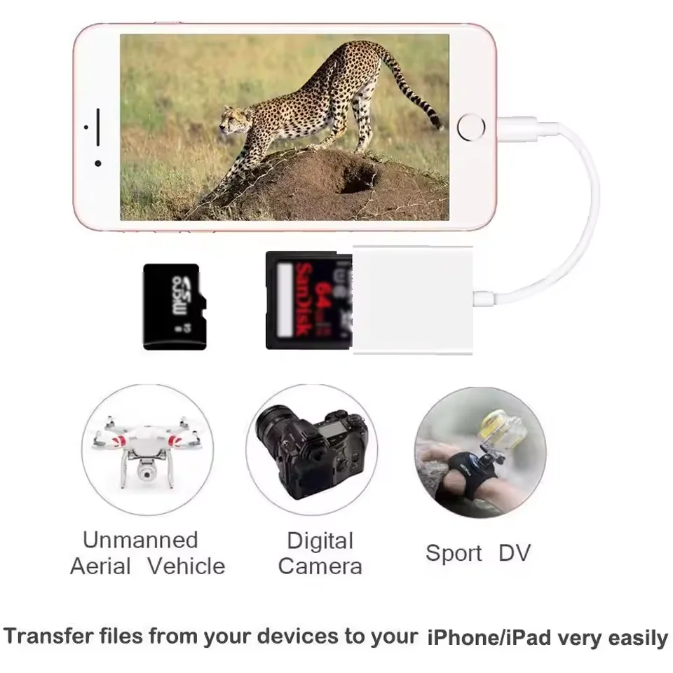 ﻿   Adaptador de lector de tarjetas SD Lightning, transferencia de datos de tarjeta de memoria de alta velocidad para iPhone, iPad, MacBook, cámara, portátil, almacenamiento de fotos y vídeos