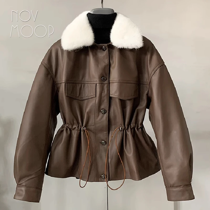 Novmoop-jaqueta de couro genuíno para mulheres, colarinho de pele removível Faux Mink, corda de cintura ajustável, estilo italiano Chic, LT3618