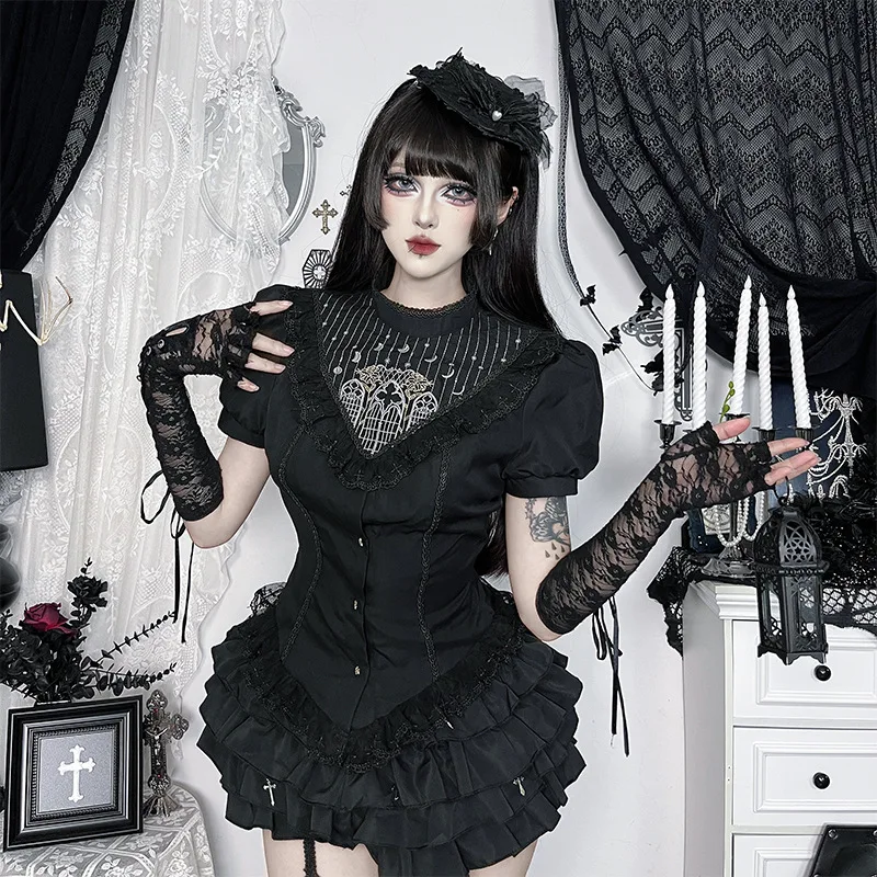 

Embroidered Lace Trim Gothic Top for Women T-shirts Mall Goth Slim Puff Sleeve Tops Tees Y2K Alt Clothes Halloween