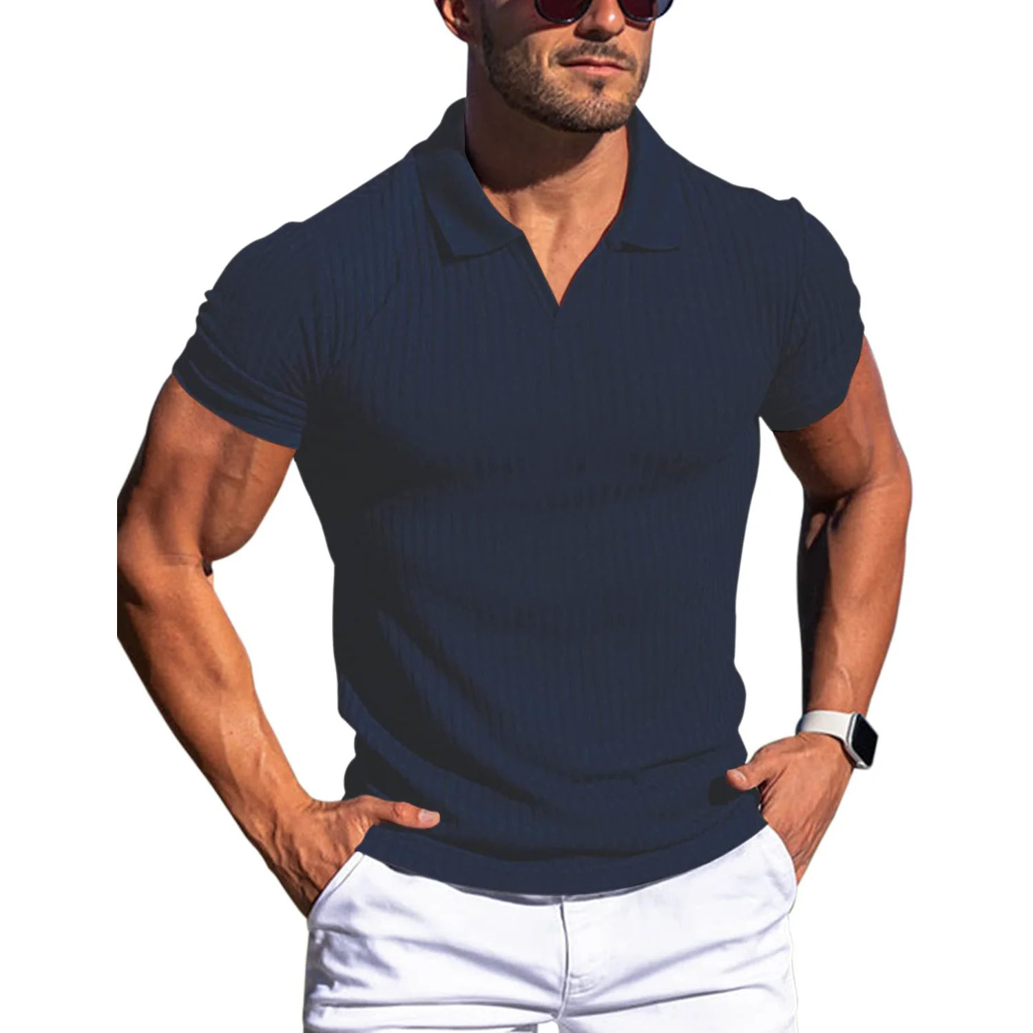 Men\'s polo vertical bar V-neck polo shirt solid color short-sleeved T-shirt sports leisure high quality fashion men\'s wear