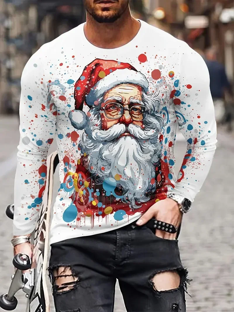 Christmas Men's Trendy Long Sleeve T-shirts 3D Santa Claus Pattern Printed Casual Tops Men X'mas Loose Oversize T Shirt Clothing