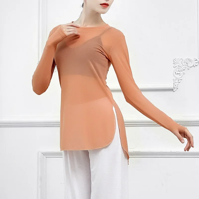 بدلة ممارسة الرقص الشعبي الكلاسيكي الحديث أنثى تدريب الجسم المعلم اليوغا كم طويل غطاء شبكي إصبع علوي الكبار