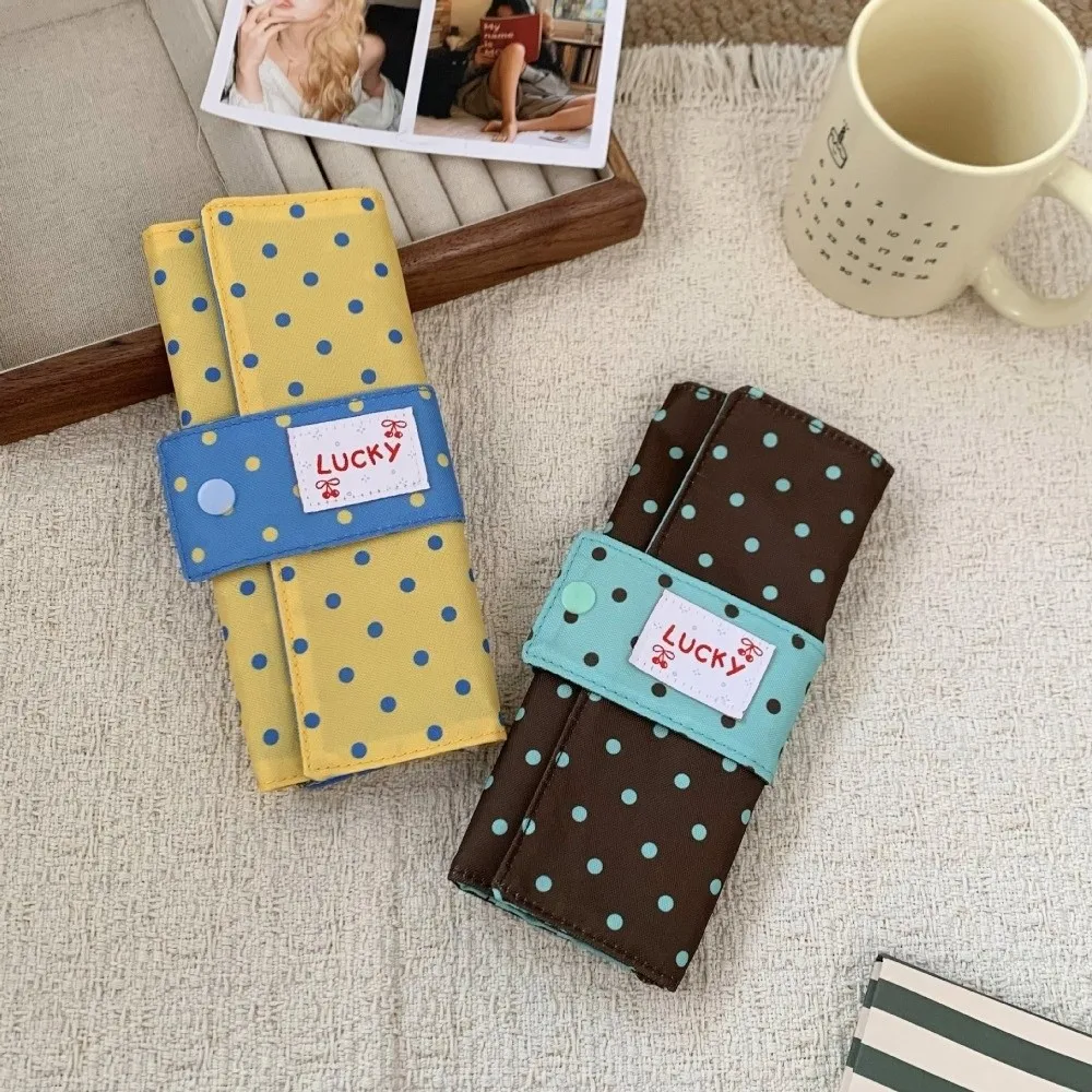 Canvas Polka Dot Makeup Brush Bag Foldable Portable Cosmetic Tools Storage Roll 10 Slots Independent Slots Multipurpose Penbag