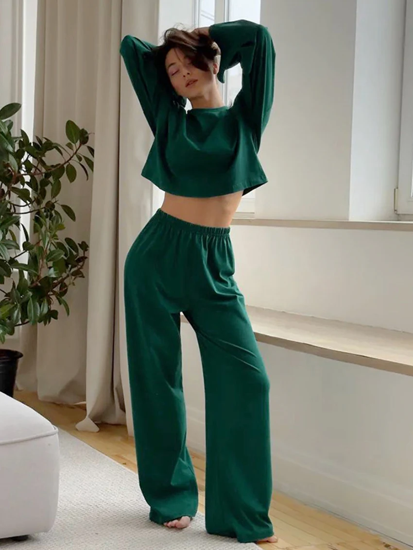 Marthaqiqi Casual Female Nightgowns Suit Long Sleeve Pajamas O-Neck Sleepwear Crop Top Nightwear Pants Loose Women Nightie Sets