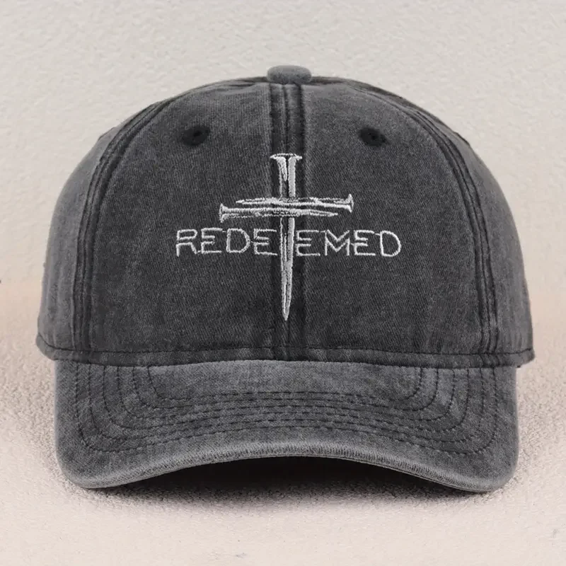 Redeemed Nail Cross Vintage Washed Baseball Cap - Faith-Based Religious Hat, Christian Believers Casual Sun Cap