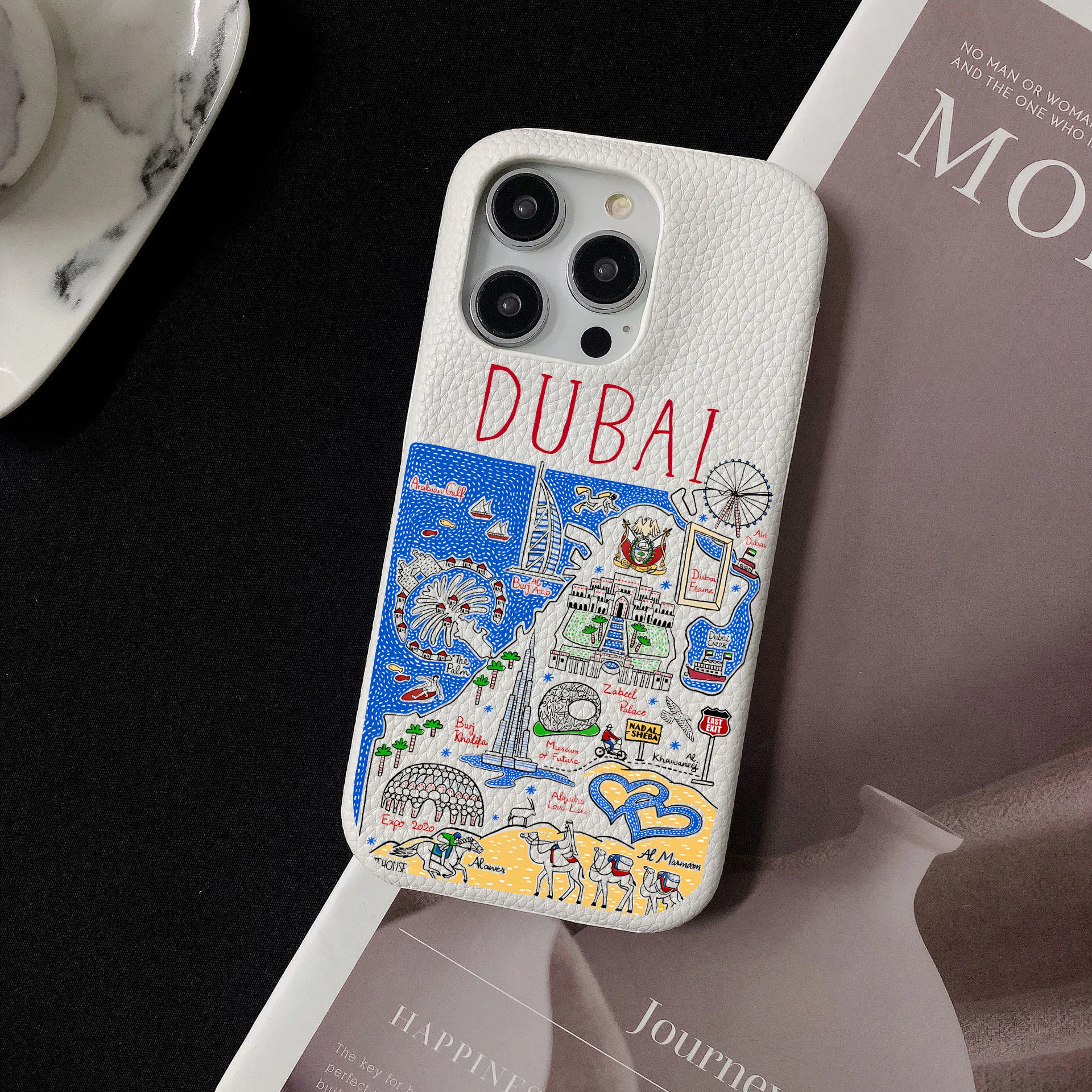 

Dubai Illustration Pebble Grain Leather Case for iphone 11 12 14 13 15 16Pro Max XS Max XR 16 Plus Covers Moon & Stars