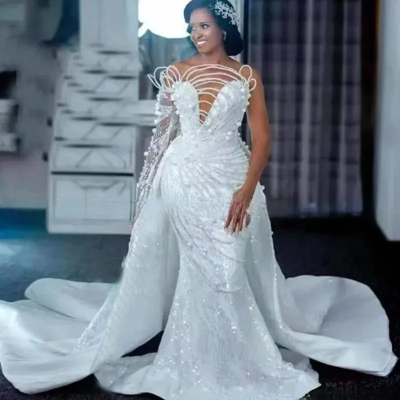 Aangepaste off-the-shoulder glanzende parels kralen trouwjurk met afneembare sleep vestidos noiva een bruidsjurk met lange mouwen