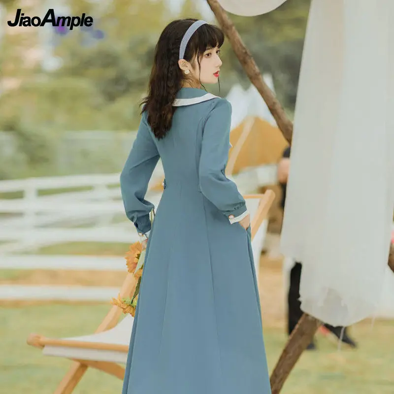 Women\'s Dresses 2024 Spring Autumn Fashion Fake Two-Piece Lantern Sleeves Blue Casual Dress Korean Elegant Bow Retro Long Skirt