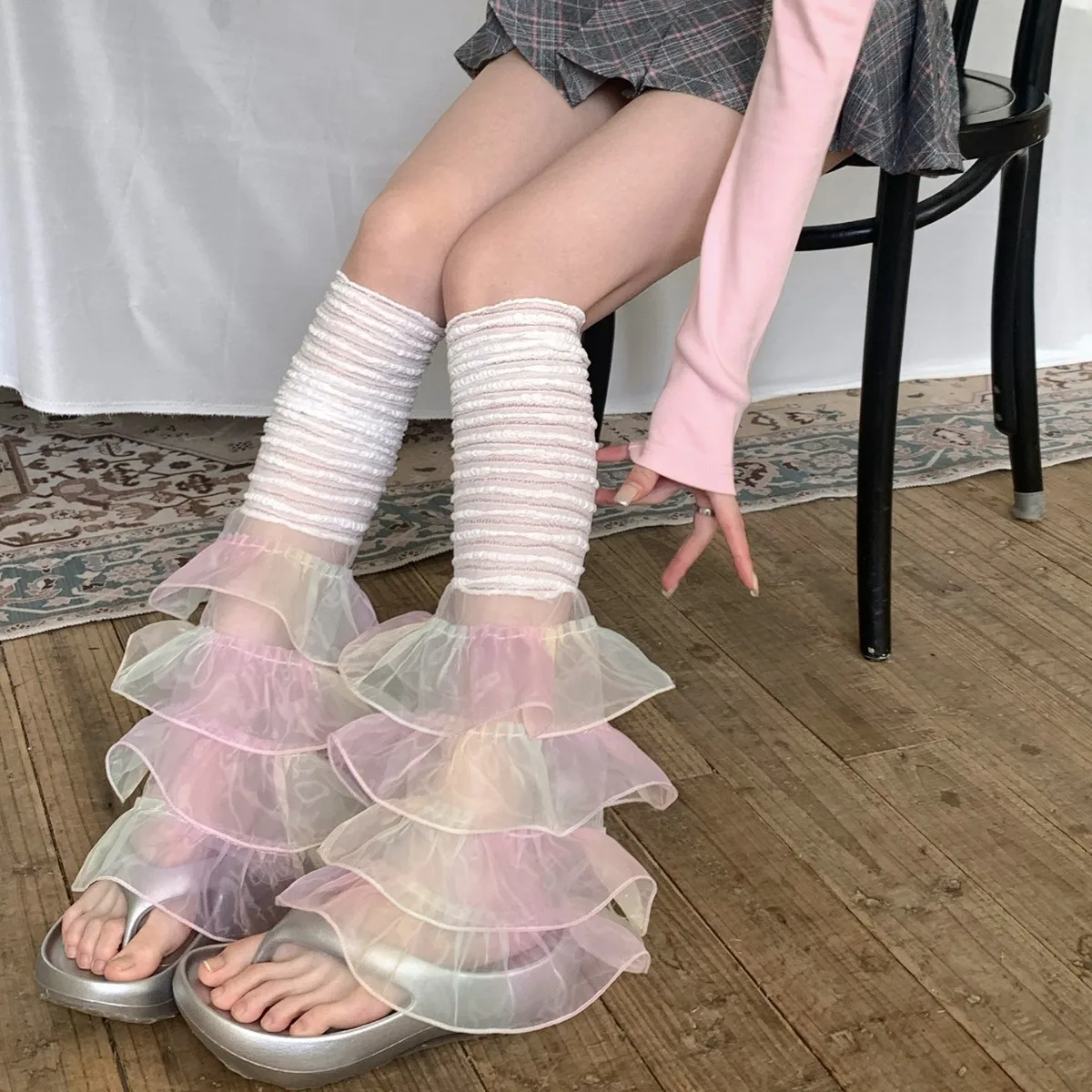 Y2k Girls Leg Cover Summer Thin Lace Splicing Ruffle Socks Leg Warmers JK Calf Socks Foot Cover Leg Warmers Thigh High Stockings