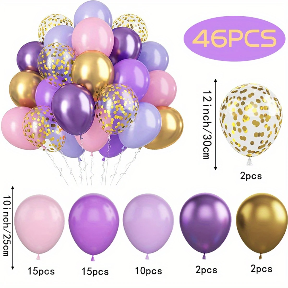 Juego de globos morados y rosas suaves "estilo cuento de hadas", 46 Uds., globos de látex de chatarra de papel colorido dorado y metálico de 10/12 pulgadas, adecuado para