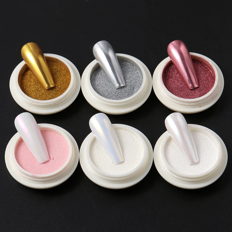 6 Gläser Aurora Chrom-Spiegel-Nagelpuder Schillerndes Perlmutt-Metallpigment Gold Silber Rosa Weiß Nagelglitter-Dekoration – Detail 5