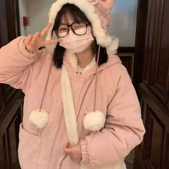 Gagaok 겨울 코트 양가죽 후드 파카 달콤한 수 놓은 따뜻한 코듀로이 자켓 여자 여자 의류 Abrigos Para Mujer