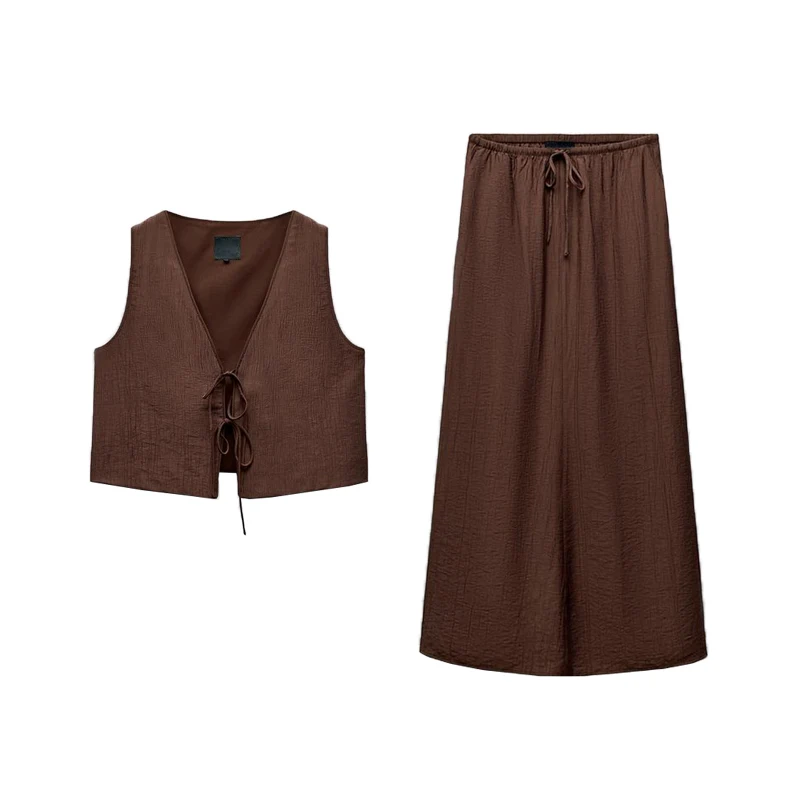 

New Women's V-neck Sleeveless Knot Texture Vest Top 8338772 Belted Long Skirt 4764409 Fashion Set Summer 2024