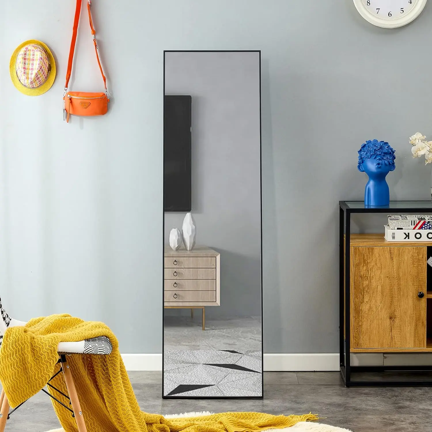 

Black Solid Wood Full Length Mirror,Floor/Wall Mount,Large Dressing Mirror,Clothing Store/Home,60x17 inch,Customized