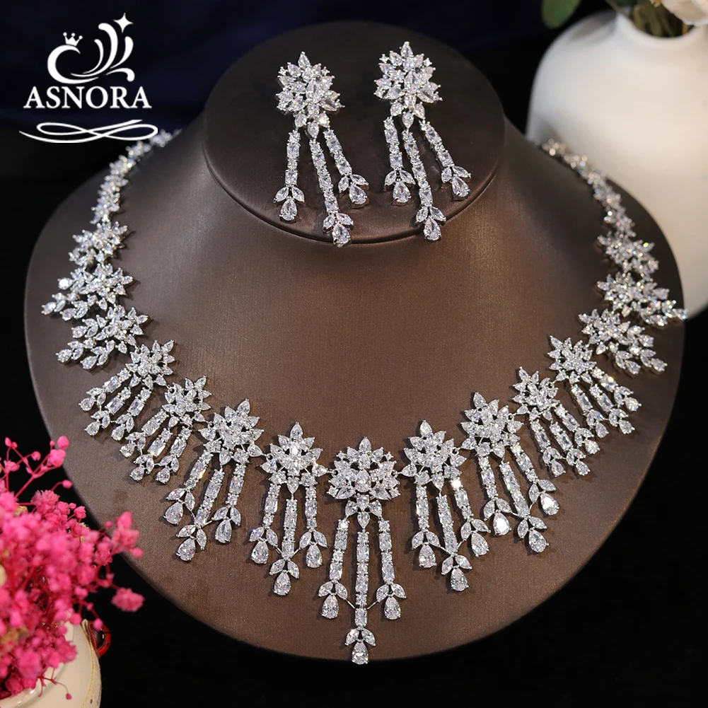 ASNORA Luxury AAA Cubic Zircon Bridal Jewelry Sets Wedding For Women 2pcs Necklace Earring Party Bijoux Femme Ensembl  X0433