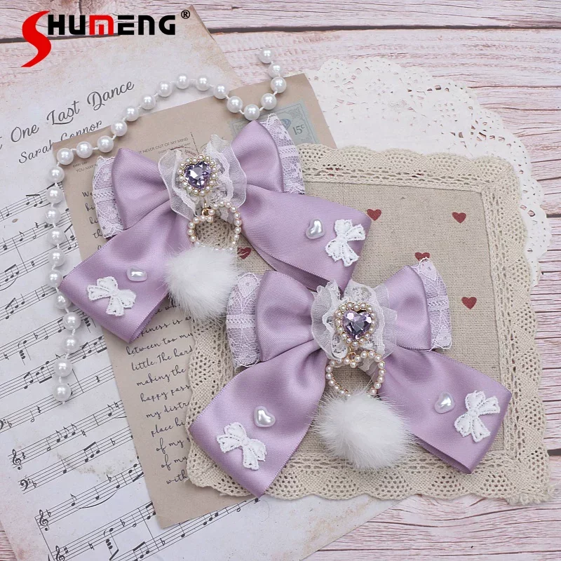 

Japanese Mines Style Mass-Produced Handmade Sweet Cute Hair Accessories Lace Heart Rhinestone Bow Hair Side Clips Women Headwear