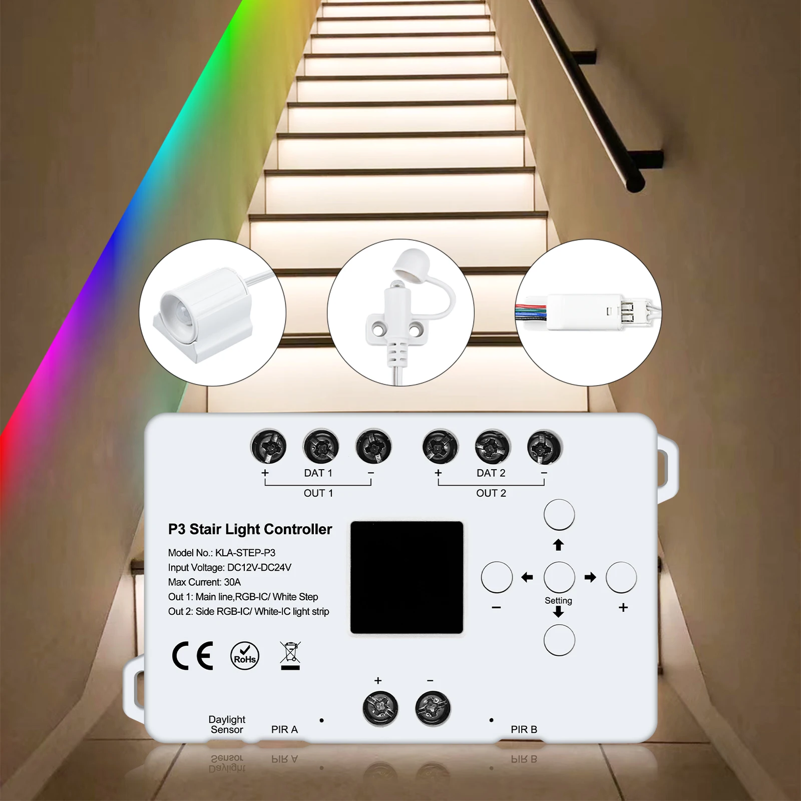 

16 20 Steps Indoor Intelligent Motion Sensor Stair Light Kit with SPI Chasing Flow Lights Main Line Easy Install Smart Control