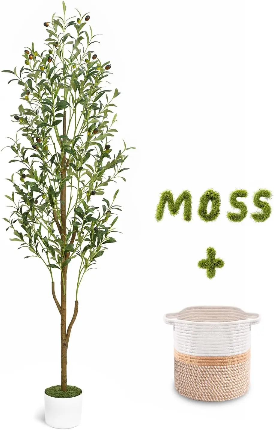 Árbol artificial de olivo en maceta de 6 pies, tronco de madera natural, frutos realistas, maceta a juego, cesta tejida, planta de interior para sala de estar, oficina, decoración del hogar