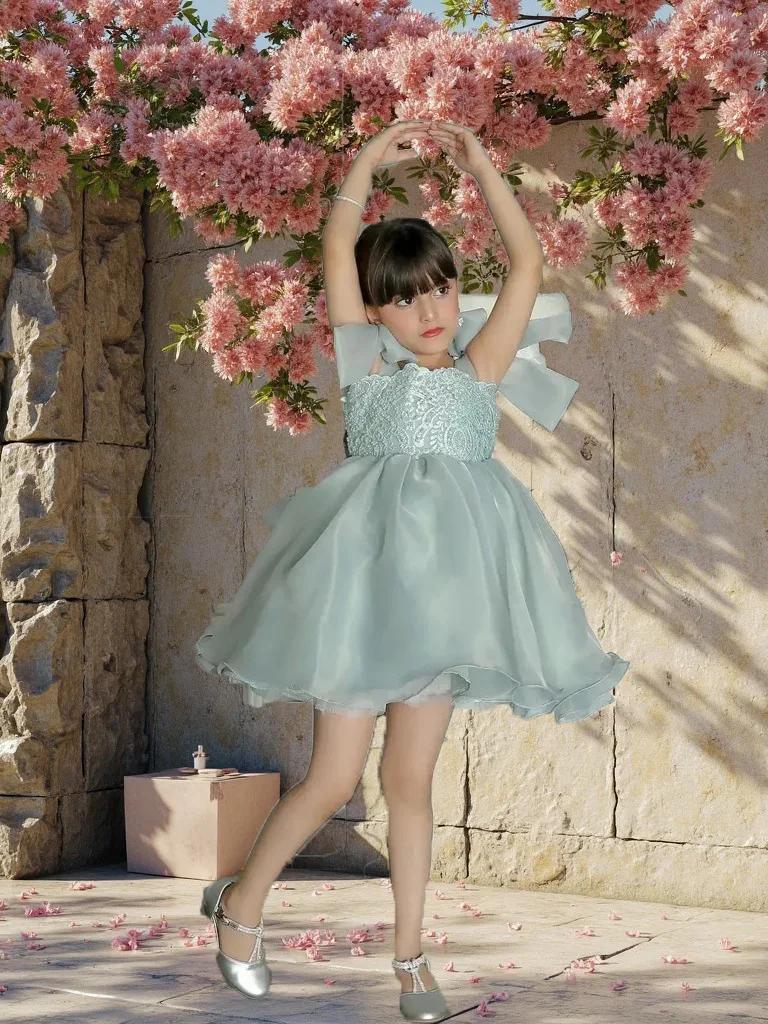 

Green Flower Girl Dresses for Wedding Tulle Lace Appliques Knee Length Girl Kids Birthday Ball Gown First Holy Communion Gowns