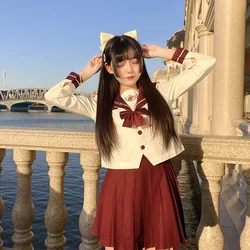 Uniforme escolar japonés de manga corta y larga para niña, conjunto de marinero, Falda plisada, traje JK, color rojo y blanco, para verano