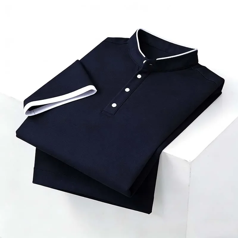 2026 New Men's Black Mandarin Collar Short Sleeve Polo Shirt Breathable Summer Casual Top