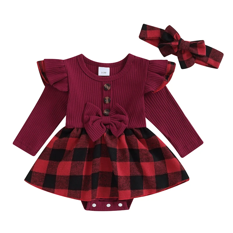 

0-18M Newborn Baby Girls Christmas Romper Dress Long Sleeve Cute Bow Ruffle Plaid Patchwork Romper with Headband