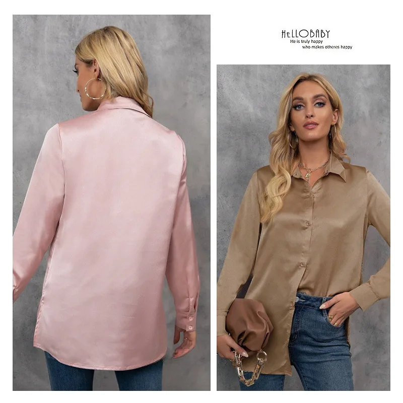 

European and American Style Spring Summer New Solid Color Loose Faux Silk Shirt Long Sleeve Satin Blouse