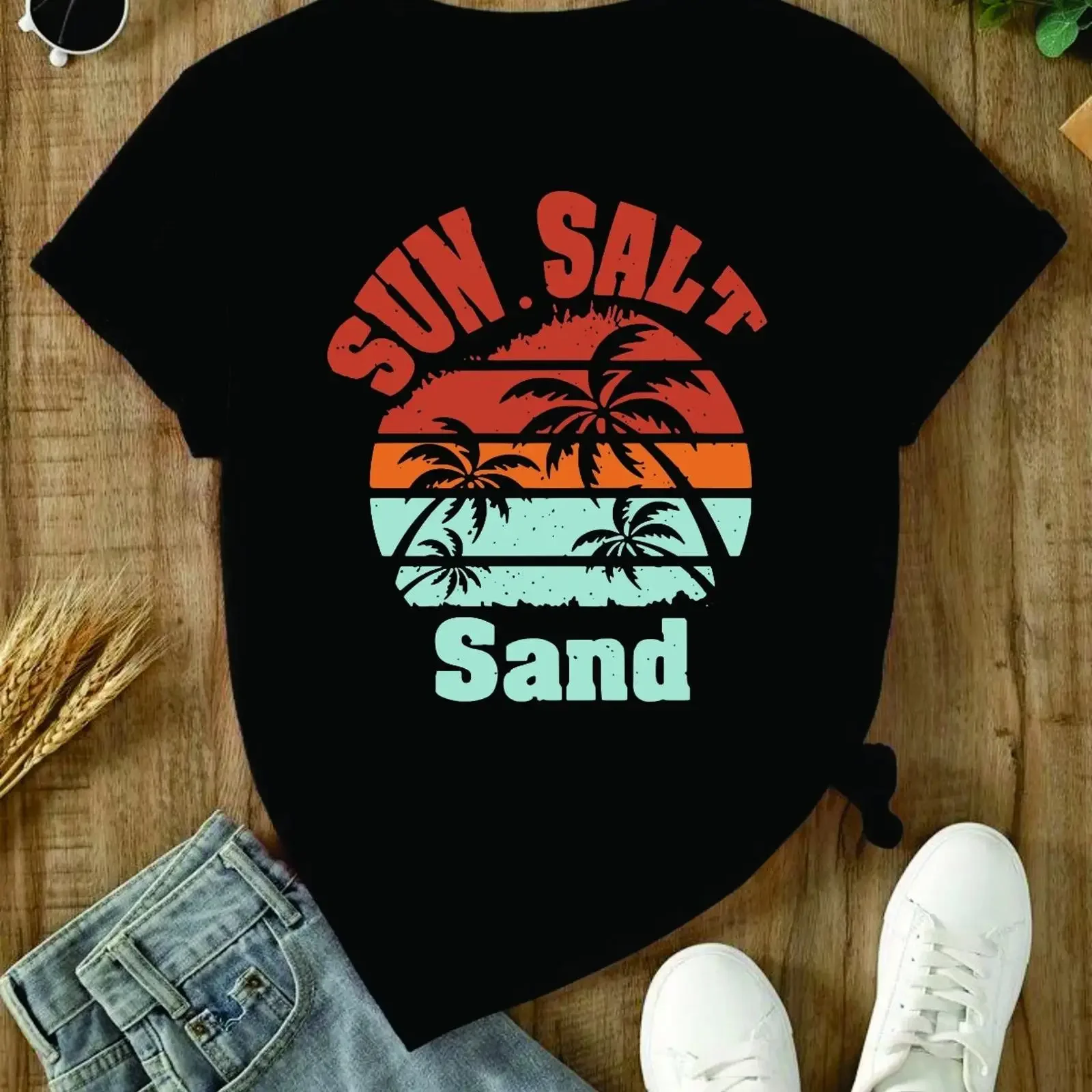 Sonne Salz Sand Sommer T Shirt Strand Sonnenuntergang Tropical Urlaub Grafik  vintage Washed designer clothes