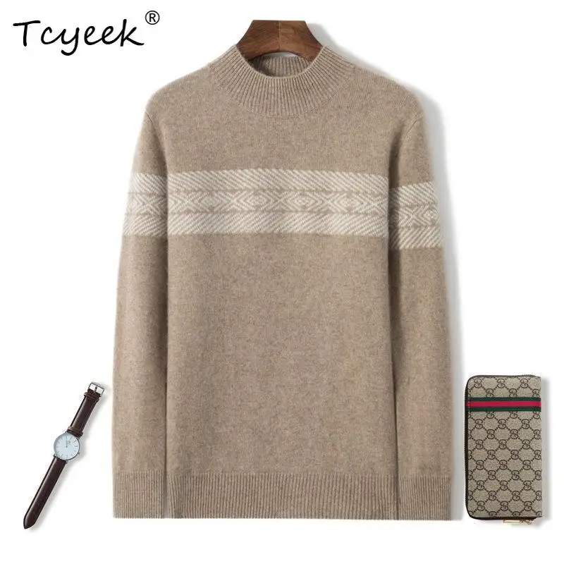 

Tcyeek, Cashmere Wool Blended Thick Sweaters, Men's Mock Neck Jacquard, Soft High Quality Sweater, Autumn Winter T479121QM
