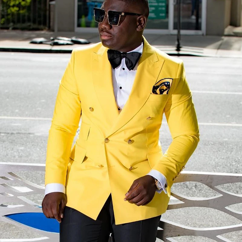 Fatos africanos de trespassado duplo masculinos, smoking de casamento de baile justo, conjunto padrinhos, blazer com calça preta, na moda, amarelo, 2 peças