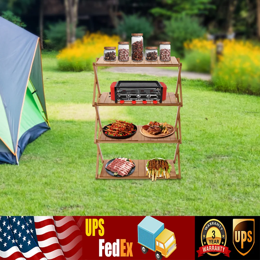 

4-Tier Foldable Outdoor Picnic Table Portable Bamboo Outdoor Shelf for Outdoor Kitchen RV for Picnic BBQ (One Second Expand)