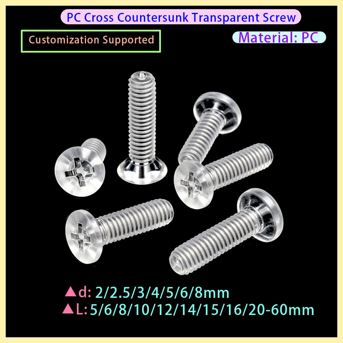 PC Acrylic Transparent Cross Countersunk Head Screw M2 M2.5 M3 M4 M5 M6 M8 Plastic Cross Flat Head Screw Bolt