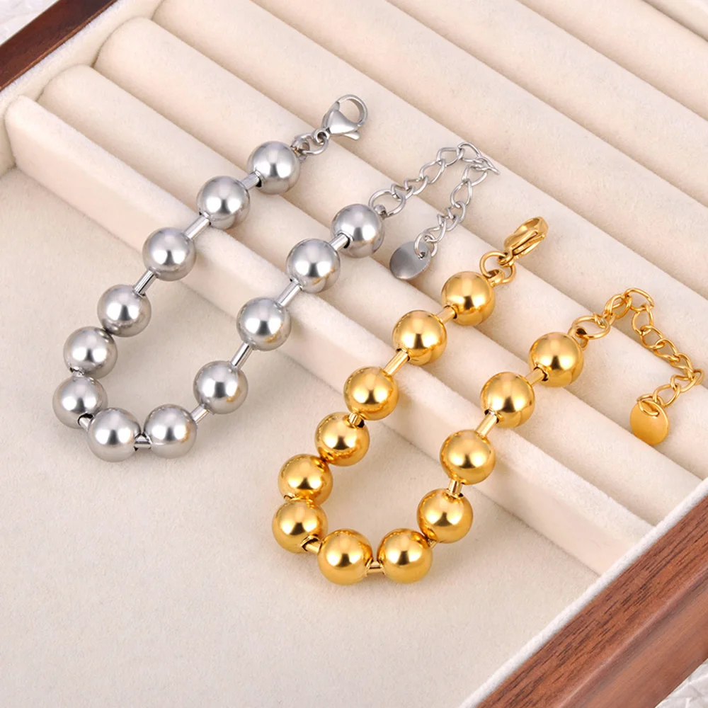 Lokaer Fashion Stainless Steel 8/10mm Round Beads Chain Necklace Bracelet Sets for Women 18K Gold Plated Party Jewelry N24082