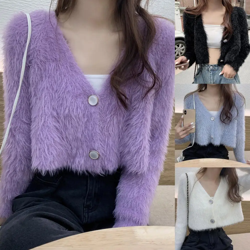 Women\'s Cardigan V Neck Long Sleeve Solid Color Two Buttons Sweater Fuzzy Autumn Winter Copped Sweater кофта женская