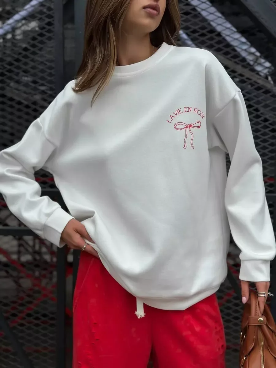 Fashion Streetwear Letter Printed Badge Sweatshirt Women Long Sleeve Hoodie Loose Baggy White Pullover Graphic Casual Y2k Tops