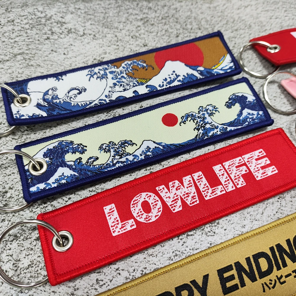 JDM Keychain Car Fashion Tags Embroidered Short Cloth Rectangle Polyester Holder Charm Key Ring for Hokkaido Waves Low Life