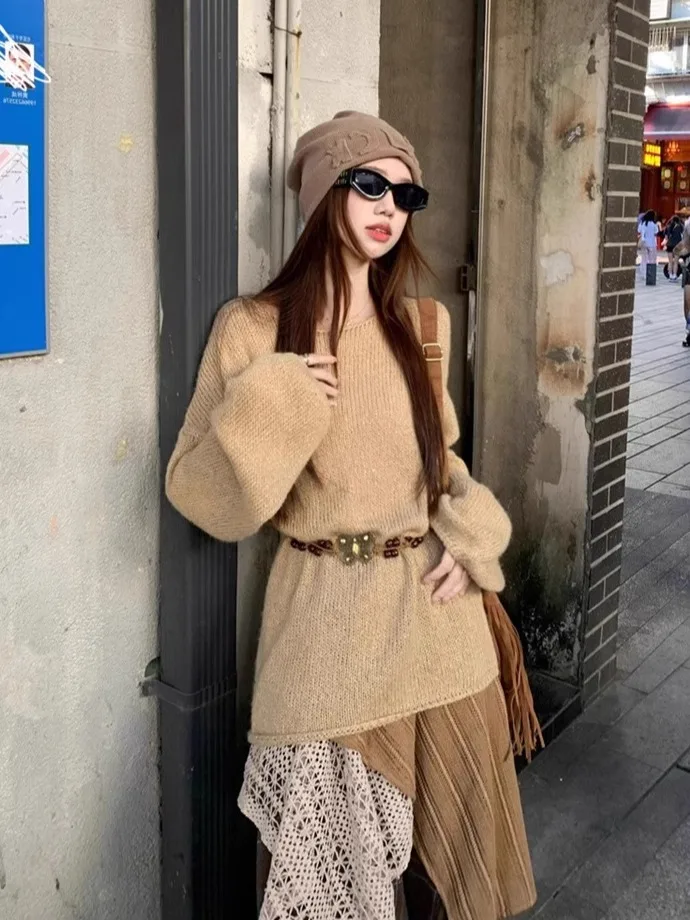 n Sle Lazy Faion Set Dr Yunnan Chuanxi Travel Spring Autumn Women's Dr Lijiang Dali Outfit round Ne Long S...