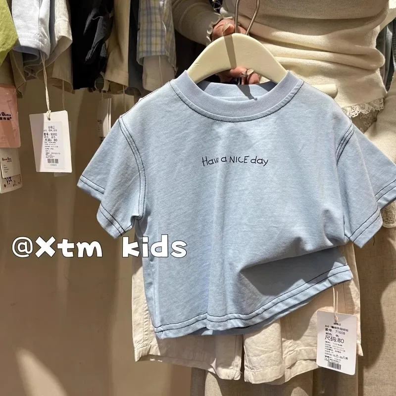 1-8 Jahre Kinder Kurzarm-T-Shirt mit Glockenärmeln, Sommer-Oberteil für Jungen mit Buchstabendruck, Baby-Mädchen Cartoon-T-Shirt, Kleinkind-Oberteil – Detail 2