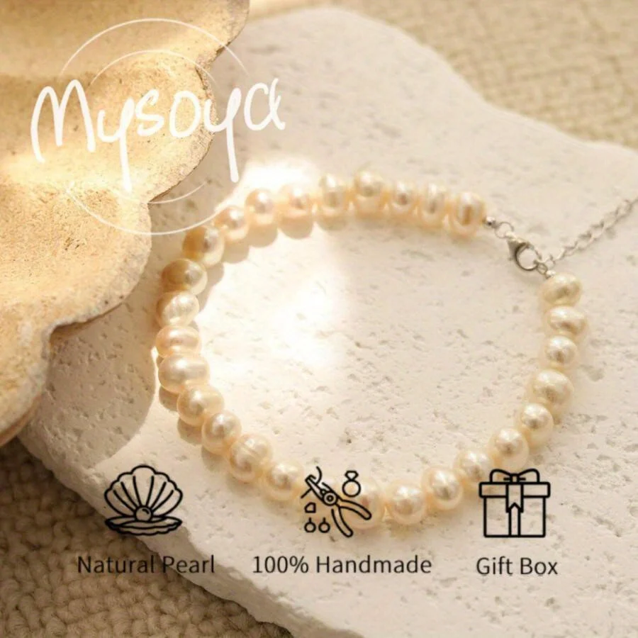 

MYSOYA 7-8mm Natural White Freshwater Pearl Bracelet For Women And Men With Gift Box Birthday Wedding Anniversary Jewelry Gift
