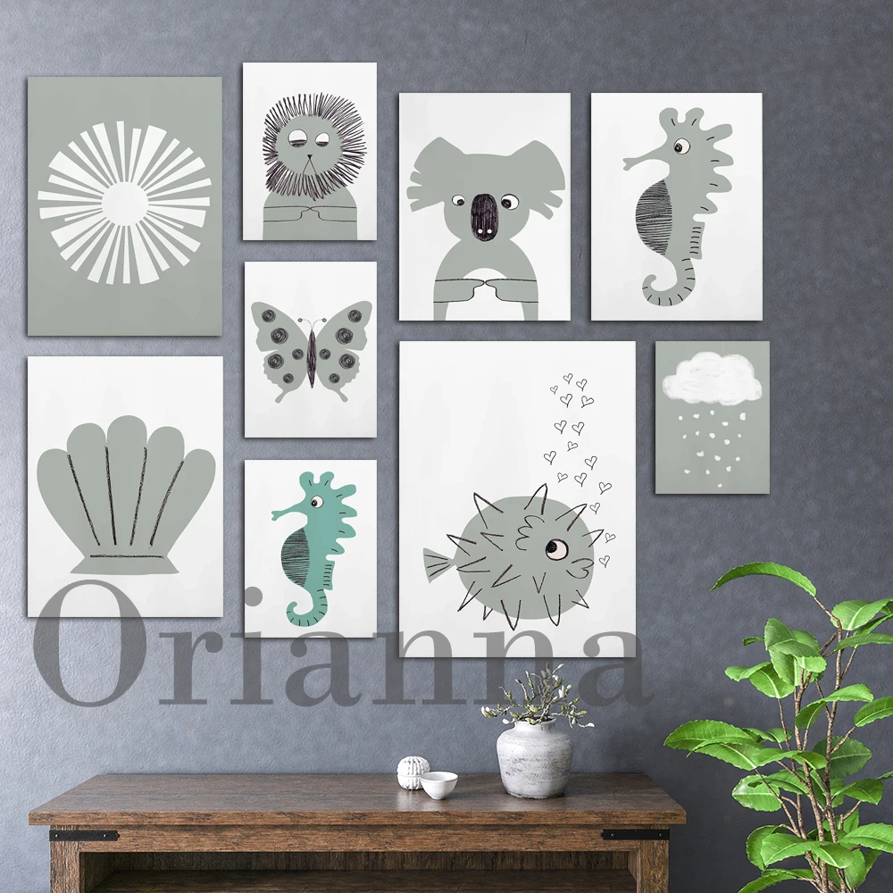 Green Sage Seahorse Ladybug Koala Lion Butterfly Donkey Blowfish Sea Horse Whale Shell Sun Boho Nursery Wall Art Prints Posters