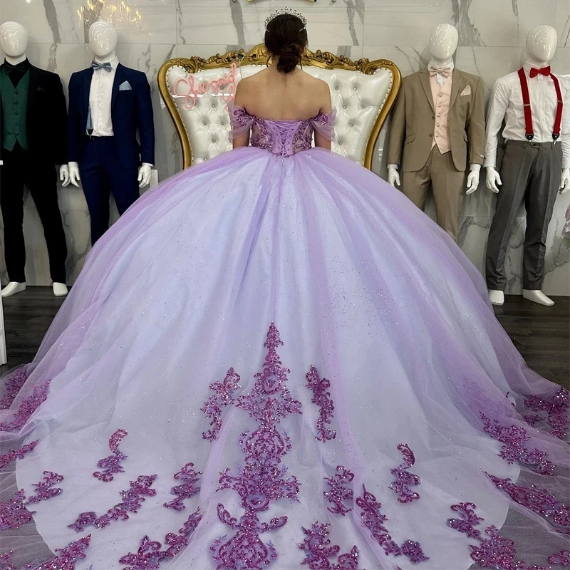 Light Purple Sequined Appliques Lace Ball Gown Quinceanera Dresses Off The Shoulder Corset Vestidos De 15 Años Birthday Party