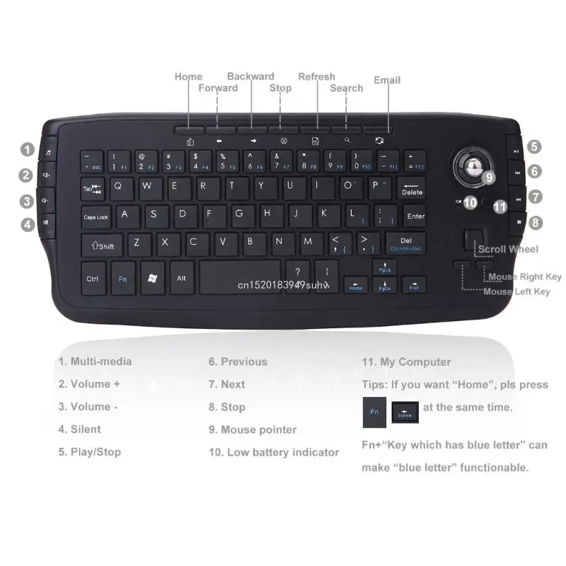 2.4G Wireless Keyboard with 360 Degree Rolling Trackball Mouse Founction, Backlit Feature for Night Use