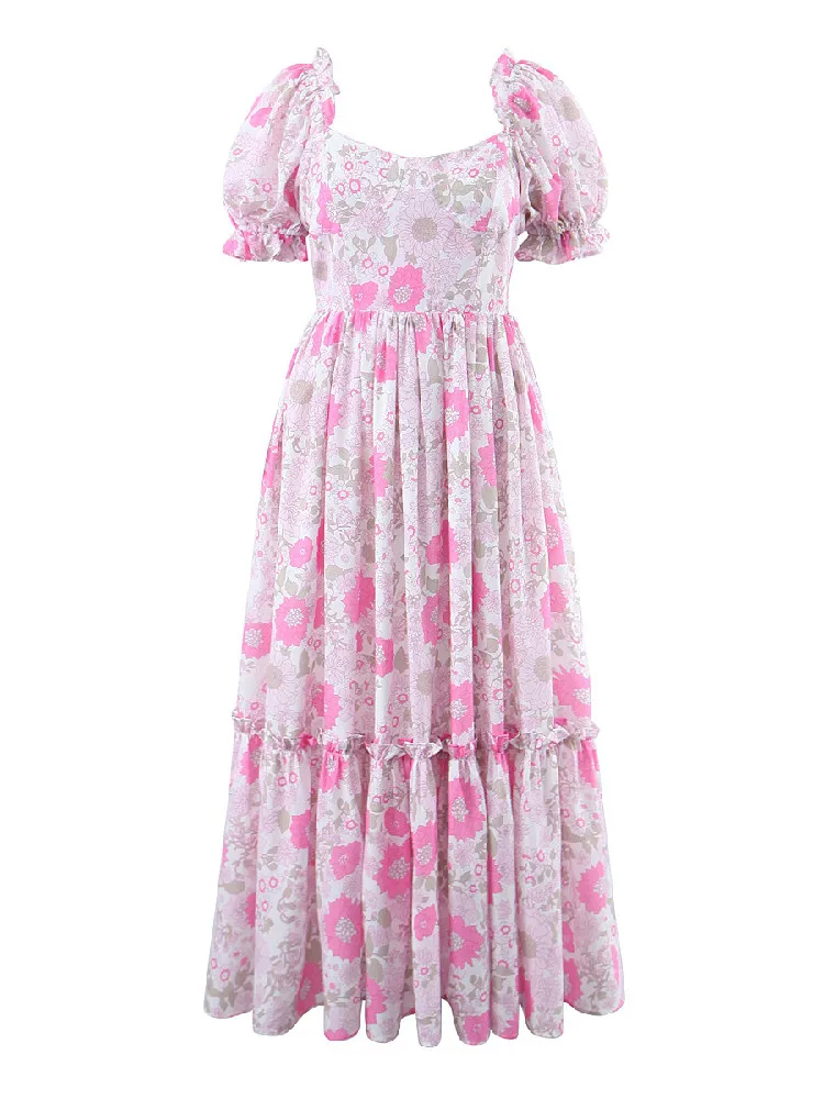 Princess Cross Pink Flower Print Maxi Long Swing Dress Women Corset Square neck Puff sleeve Ruched Ruffles Hem Fairy Robe