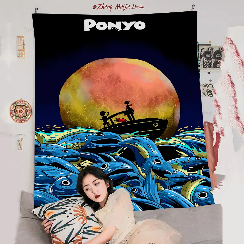 P-Ponyo On Cliff By The Sea Anime Tapestry Hanging Tarot Hippie Wall Rugs Dorm Wall Hanging Sheets