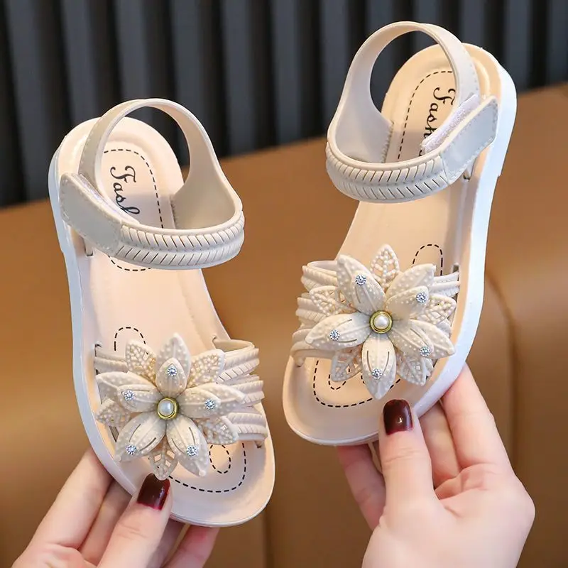 Trendy Cute Solid Color Flower Decor Open Toe Sandals For Girls, Breathable Lightweight Sandals For Indoor Outdoor Beach