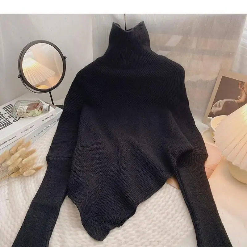 2024 Autumn Winter Women Fashion Irregular Loose Knit Sweater Vintage High Neck Long Sleeve Female Pullovers Chic Tops