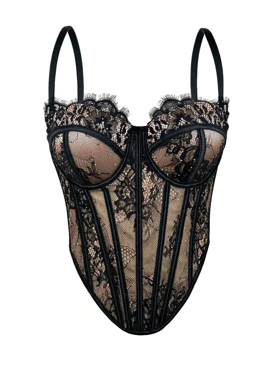 Top corsé de encaje negro para mujer, con detalles florales, y body moldeador.
