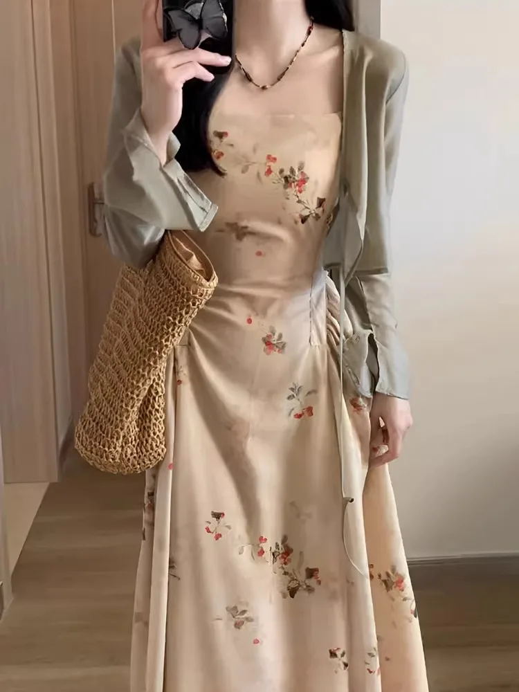 

New Chinese Style Women's Summer plus Size Floral Print Halter Dress Slimming Waist Two-Piece Set High Waist Zipper Closure
