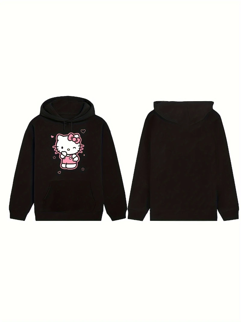 

Sanrio Women's Autumn/Winter Cartoon Hello Kitty Print Two-Stripe Contrast Color Long Sleeve Hooded Sweatshirt